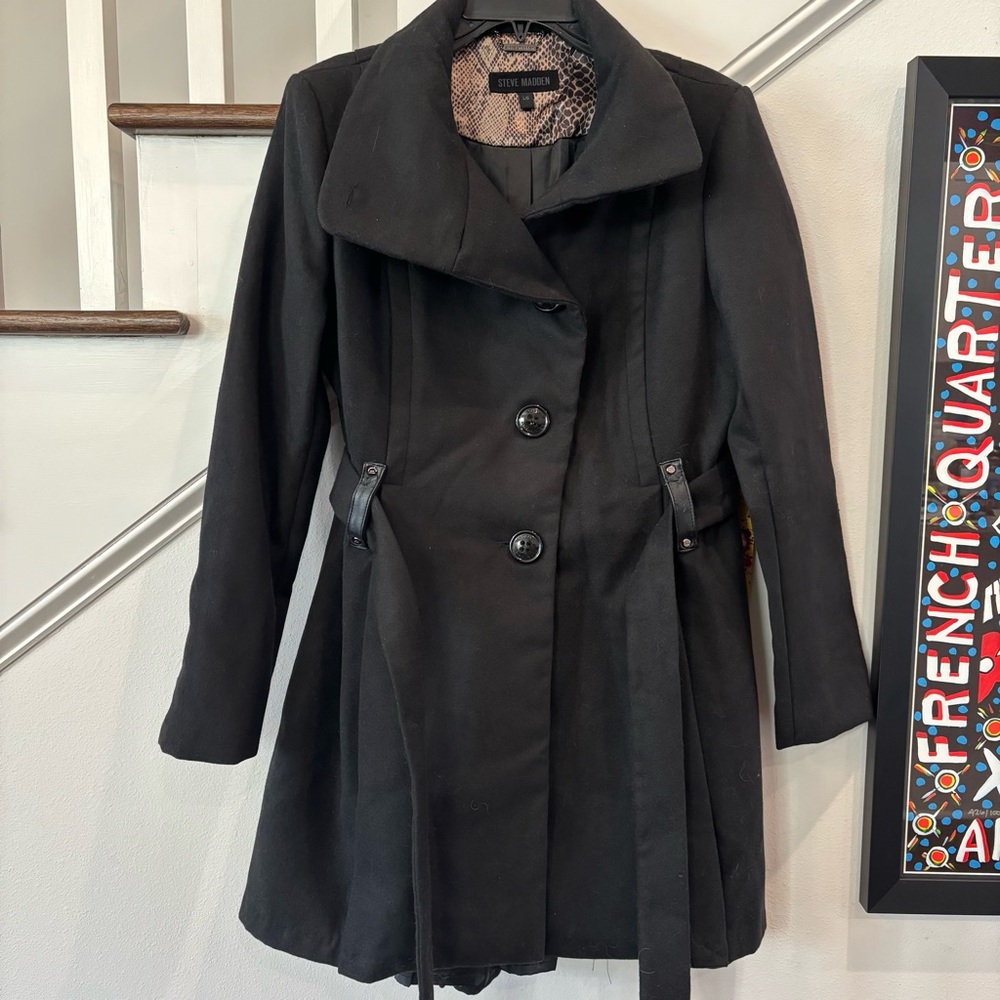 Steve Madden Juniors’ Black Belted Skirted Coat - Picture 5 of 16